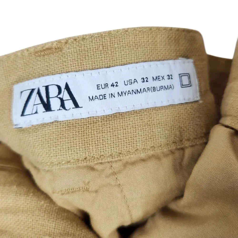 ZARA Men's European Linen Blend Trousers 32 x 27 Yellow Minimalist Ankle Pant